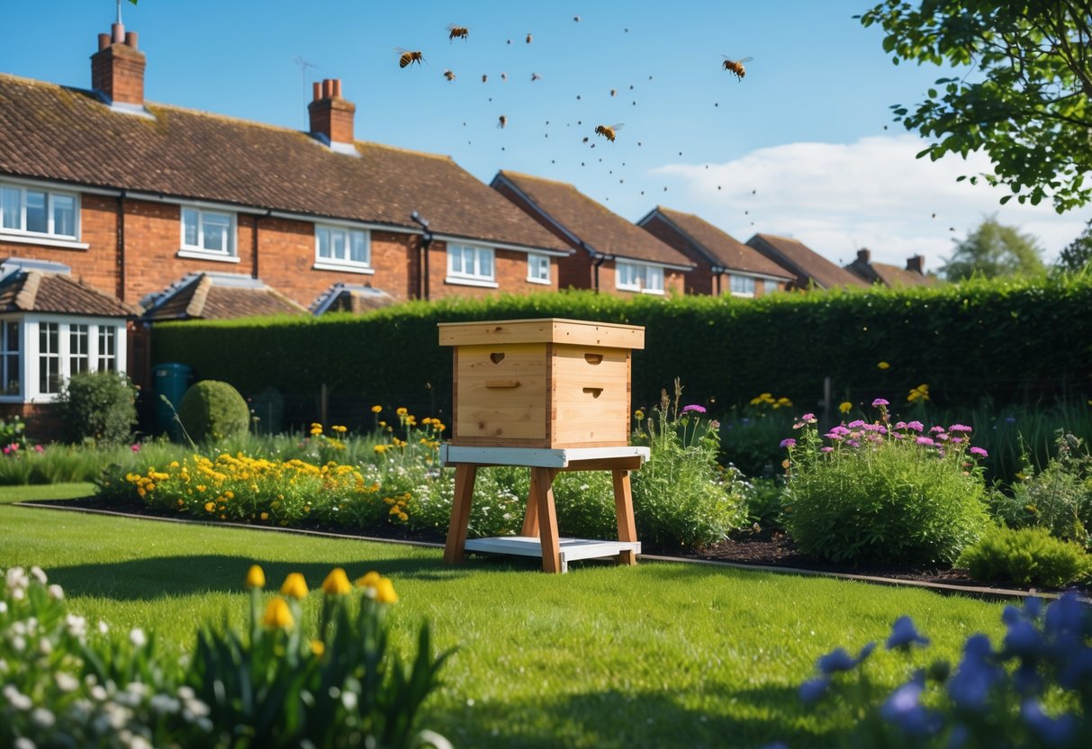 A wooden beehive in a suburban UK garden with bees flying around, surrounded by flowers and houses in the background.