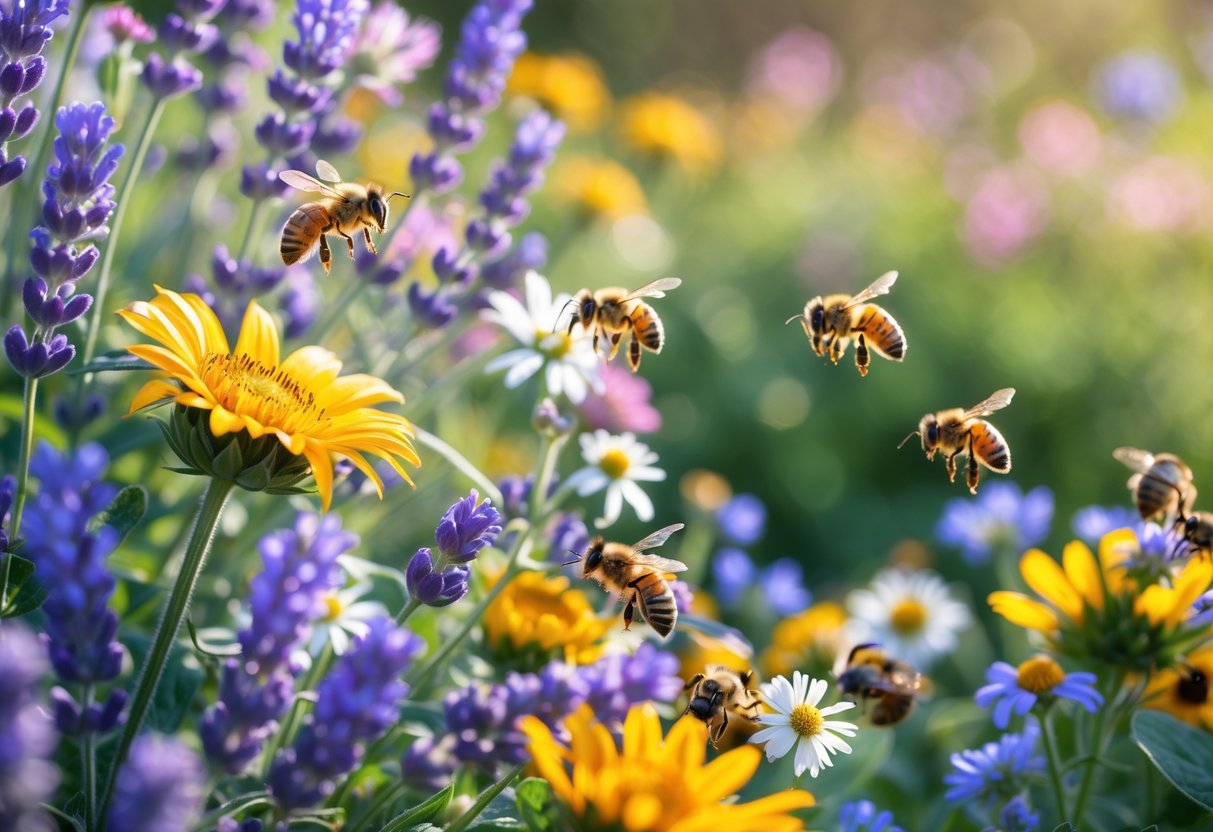 Close-up of bees collecting nectar from various colorful flowers in a garden.