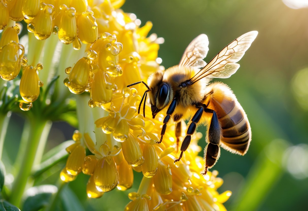 A honeybee gathering nectar from yellow flowers covered in honey droplets.