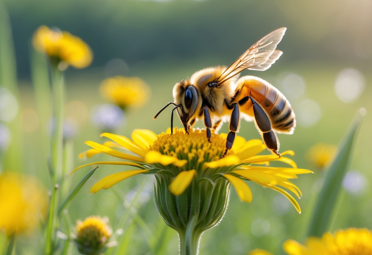 A close-up of a honeybee on a yellow flower in a meadow with blurred greenery in the background.