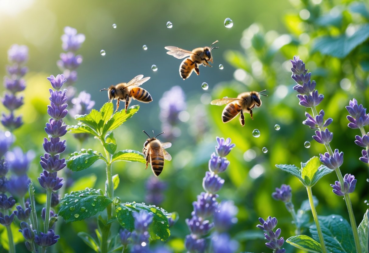 Close-up of blooming herbs and plants with bees collecting nectar, with droplets of clear liquid on the leaves and petals.