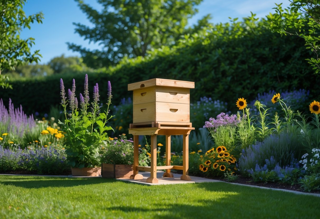 A wooden bee hive in a sunny garden surrounded by flowering plants and green shrubs under a clear blue sky.