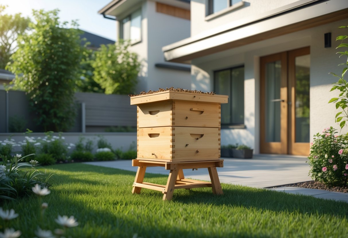 A backyard with a wooden beehive placed a few feet from a modern house surrounded by plants and grass, with bees flying near the hive.