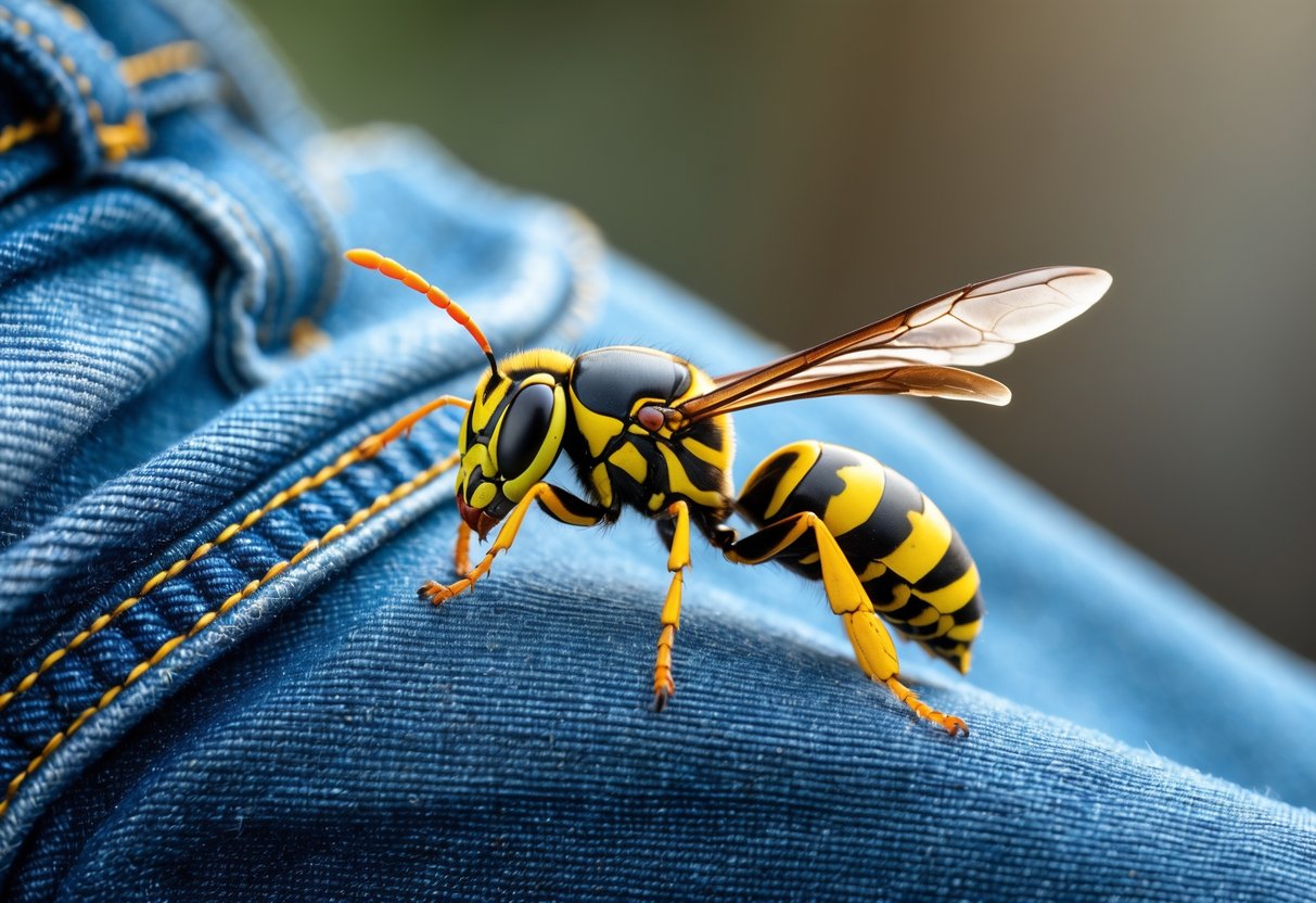 A close-up of a wasp sitting on blue denim jeans.