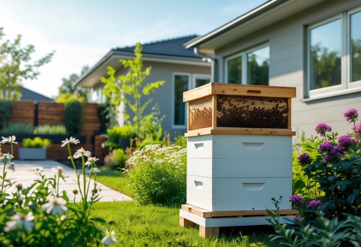 A backyard with a beehive placed at a safe distance from a house surrounded by plants and flowers.