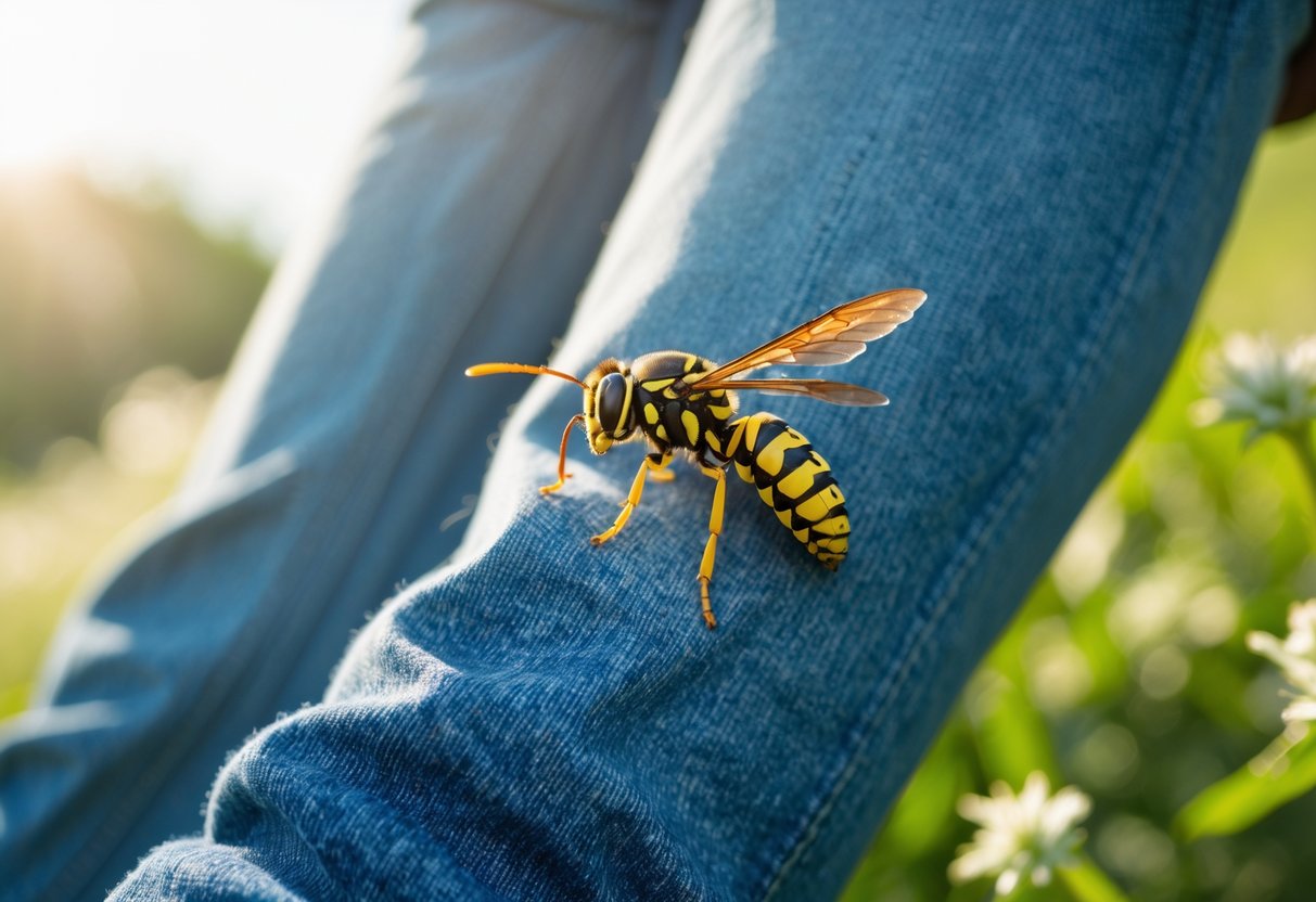 Close-up of a wasp on blue jeans outdoors with greenery in the background.