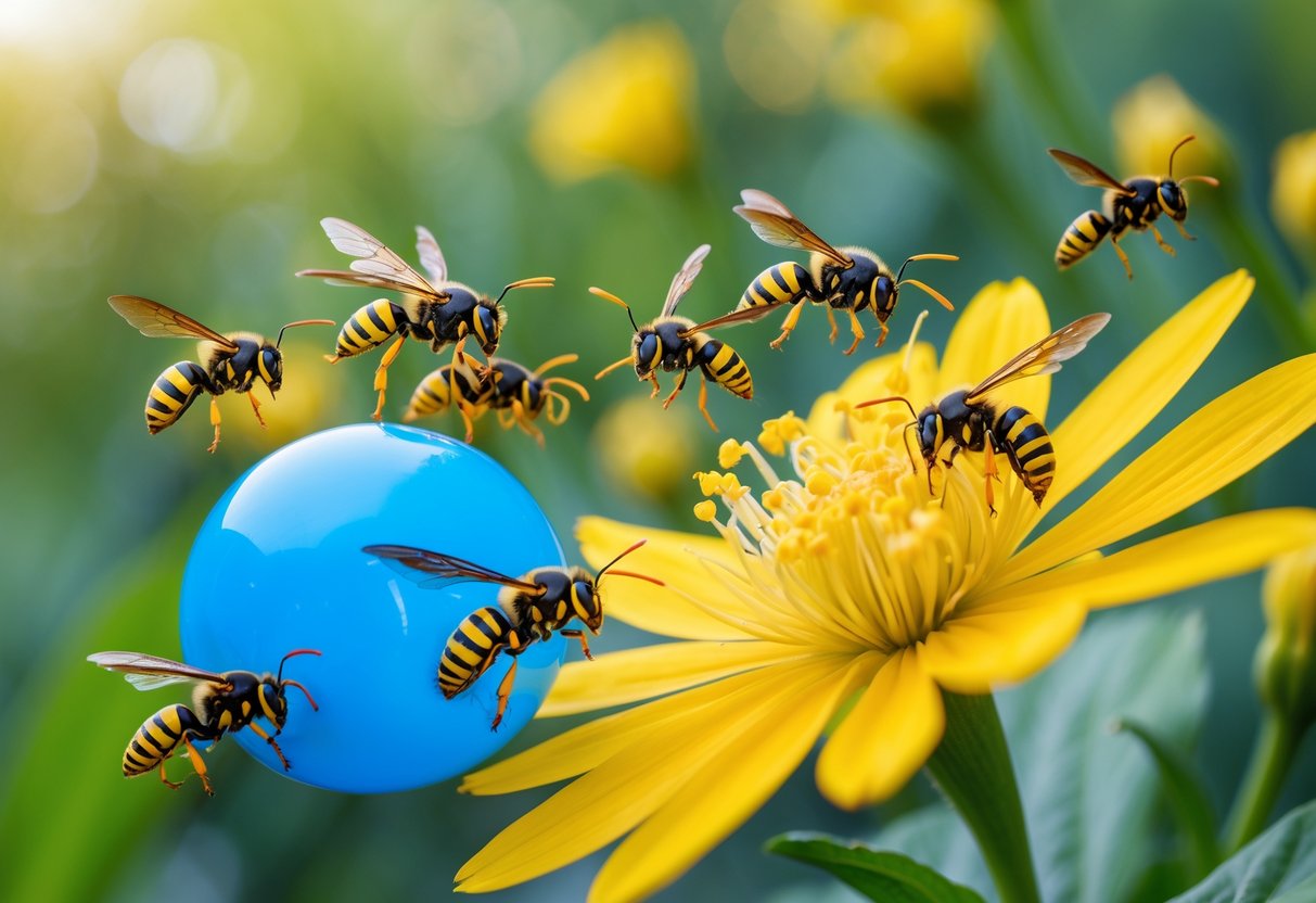 Wasps flying near a yellow flower while avoiding a bright blue object placed nearby.