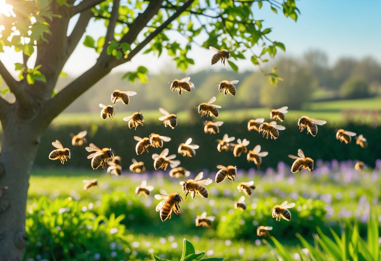 A swarm of honeybees flying around a blooming tree in a green garden with wildflowers and a blue sky.