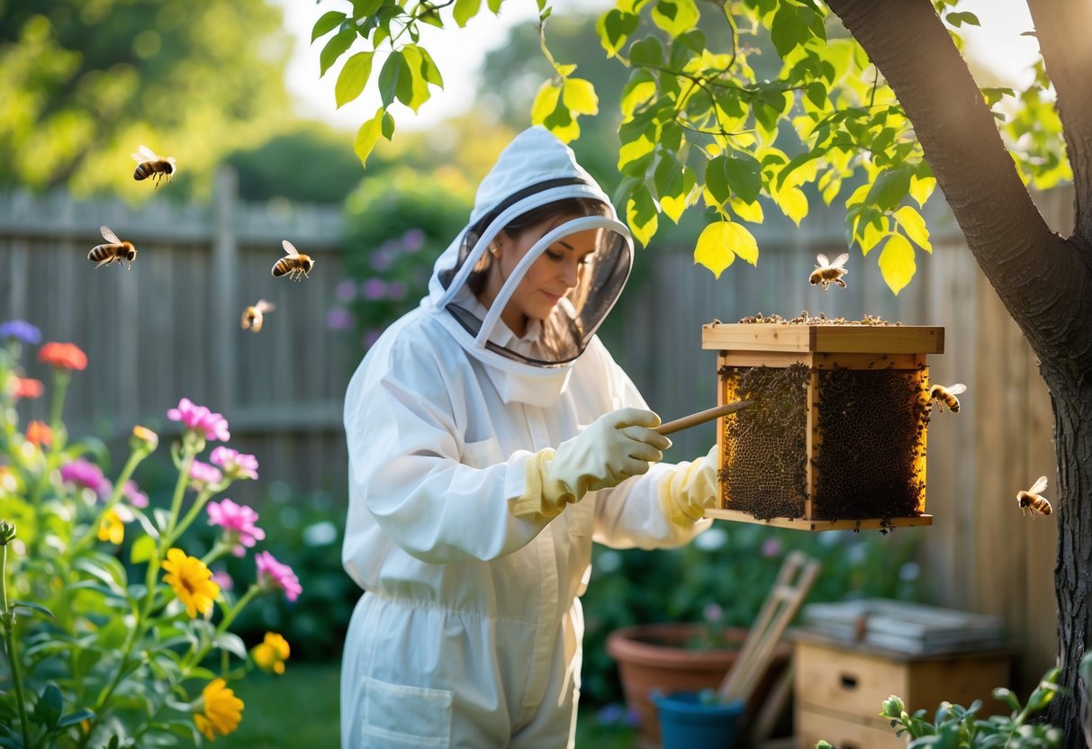 A person in protective clothing gently inspecting a beehive in a green garden with flowers and bees flying around.