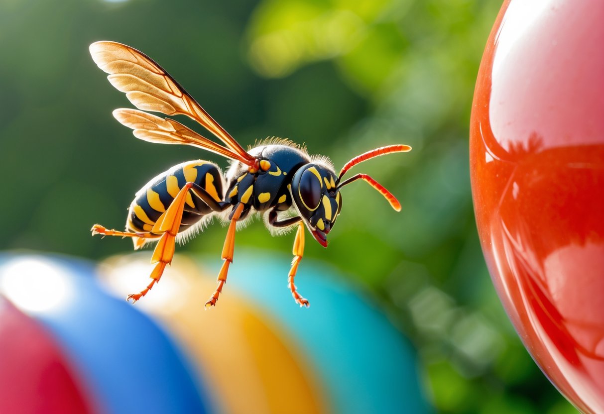 A wasp flying near a red object outdoors with green foliage in the background.