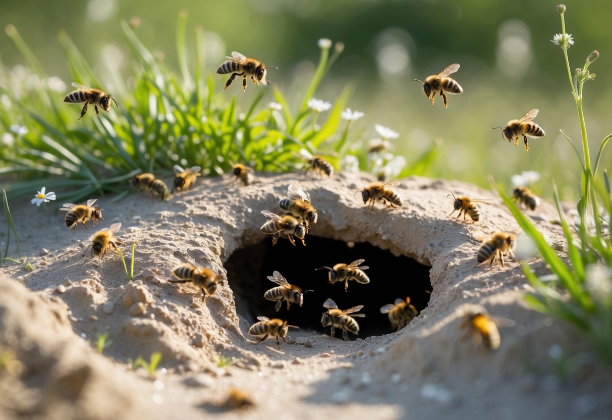 Close-up of ground bees flying and crawling near their burrow in sandy soil surrounded by grass and wildflowers.