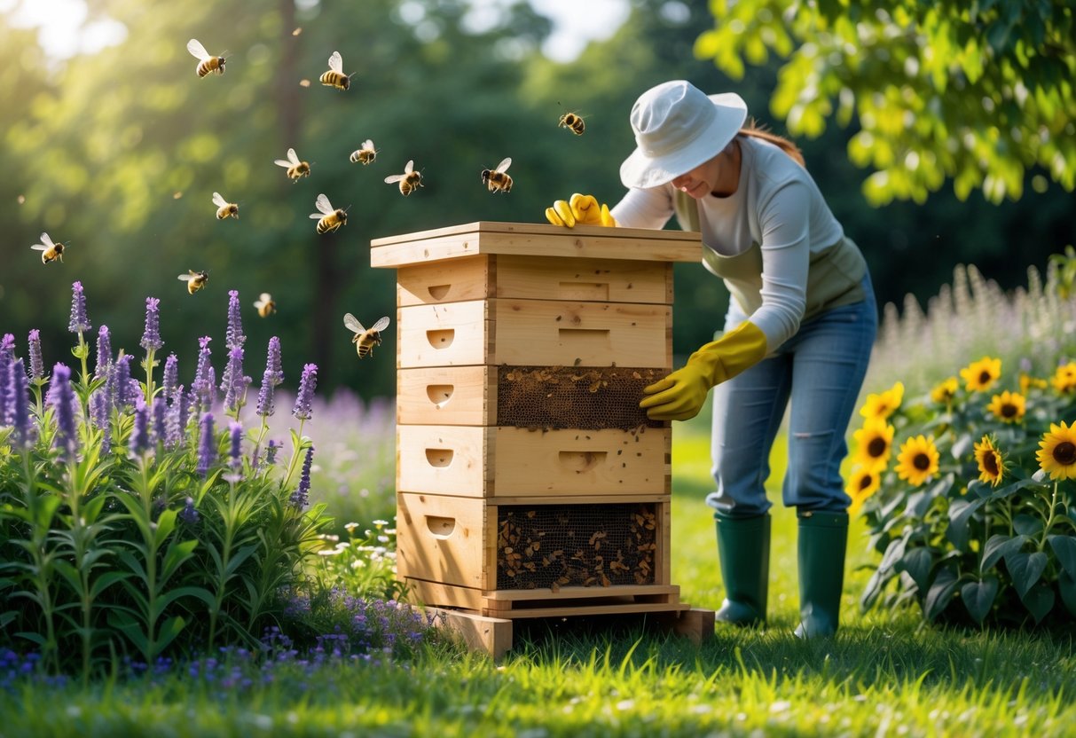 A person inspecting a wooden beehive in a garden with flowers and bees flying around.