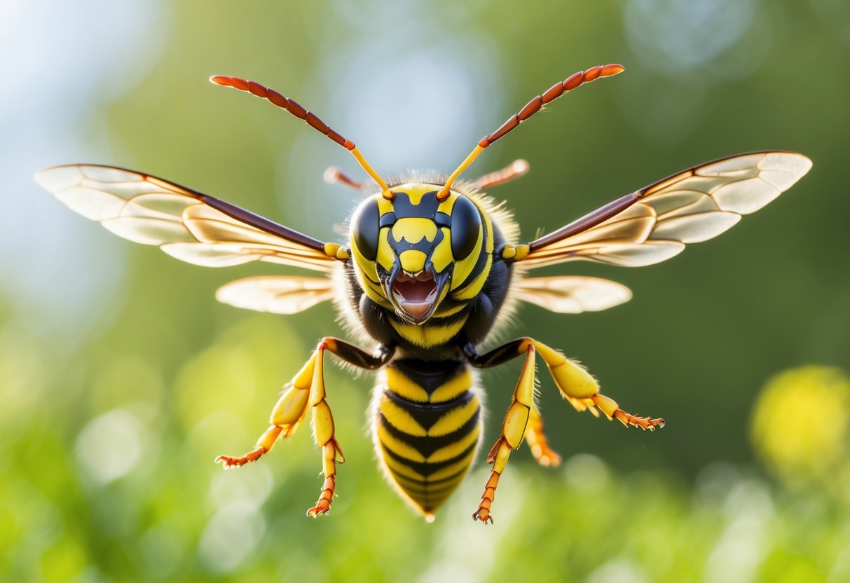 A close-up of an angry wasp flying with its wings blurred and antennae raised against a green background.