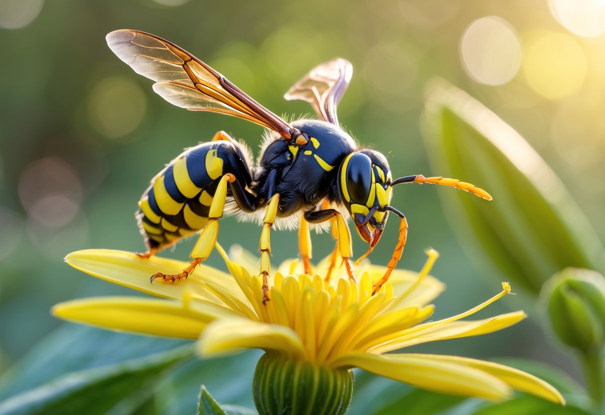 Close-up of a wasp perched on a yellow flower with green leaves in the background.
