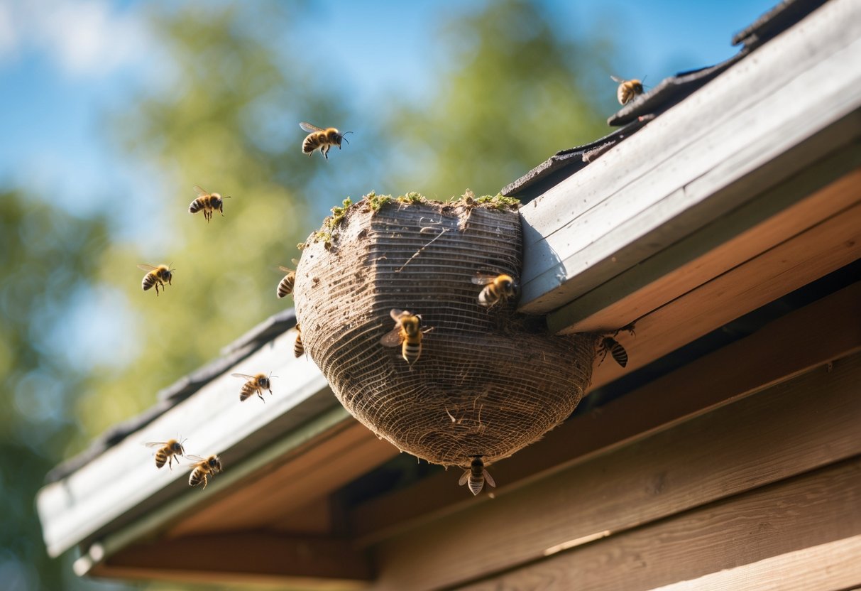 Close-up of a bees' nest under the eaves of a house roof with bees flying around it.