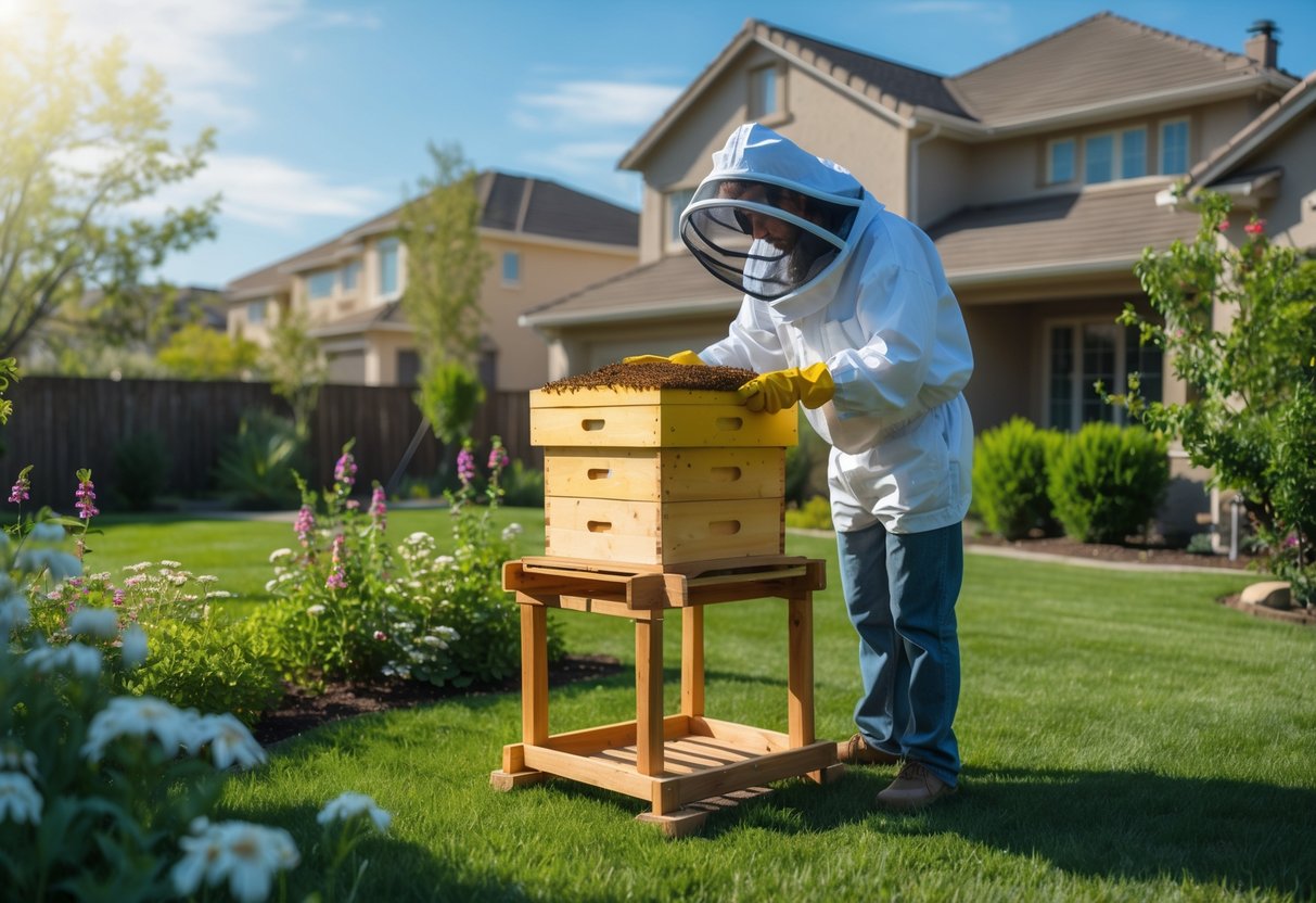 A person in protective beekeeping gear inspecting a bee hive in a suburban backyard with flowers and a house in the background.