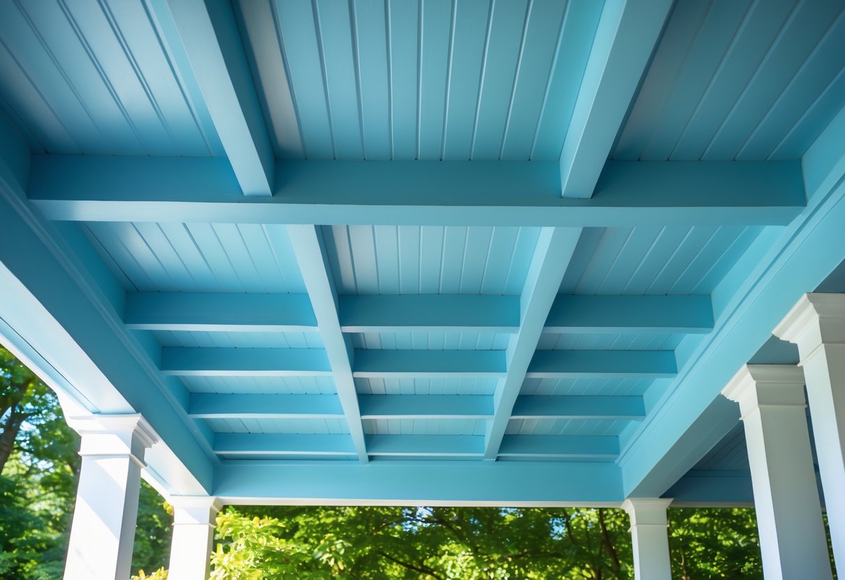 Underside of a porch roof painted blue with wooden beams and white columns, with green plants visible in the background.