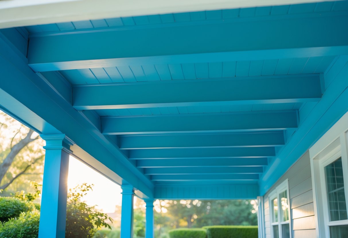 View of the underside of a porch ceiling painted blue with wooden beams, surrounded by a garden and sunlight.