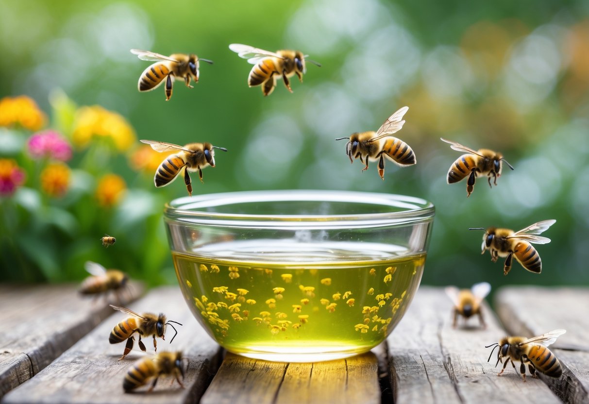 A glass bowl of vinegar on a wooden table outdoors with honeybees flying nearby but not landing.