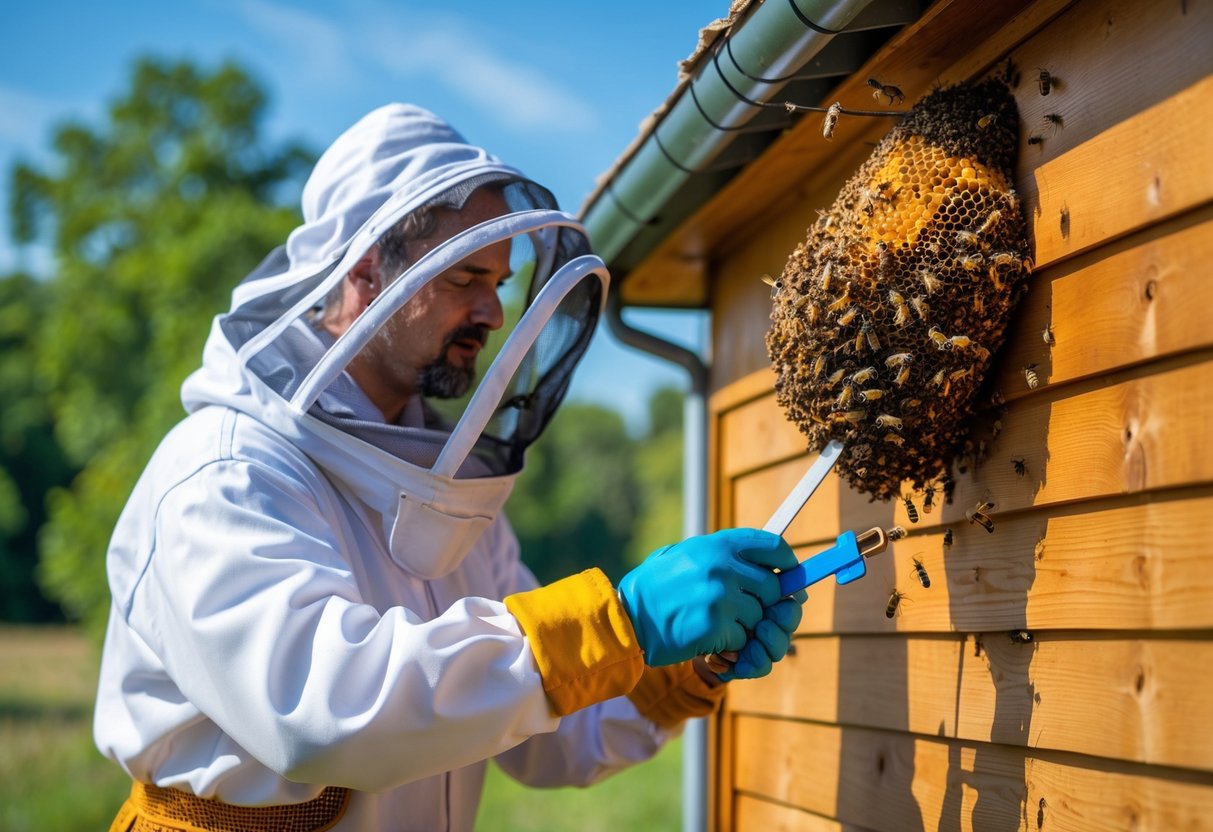 Person in protective gear removing a bees' nest from the corner of a wooden house using a smoker and hive tool on a sunny day.