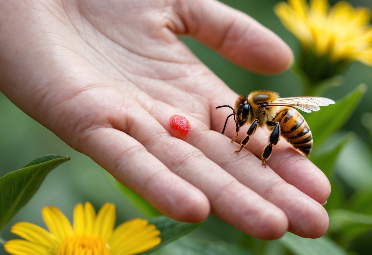 A close-up of a human hand showing a small red swollen area from a bee sting, with a queen bee on a yellow flower nearby.