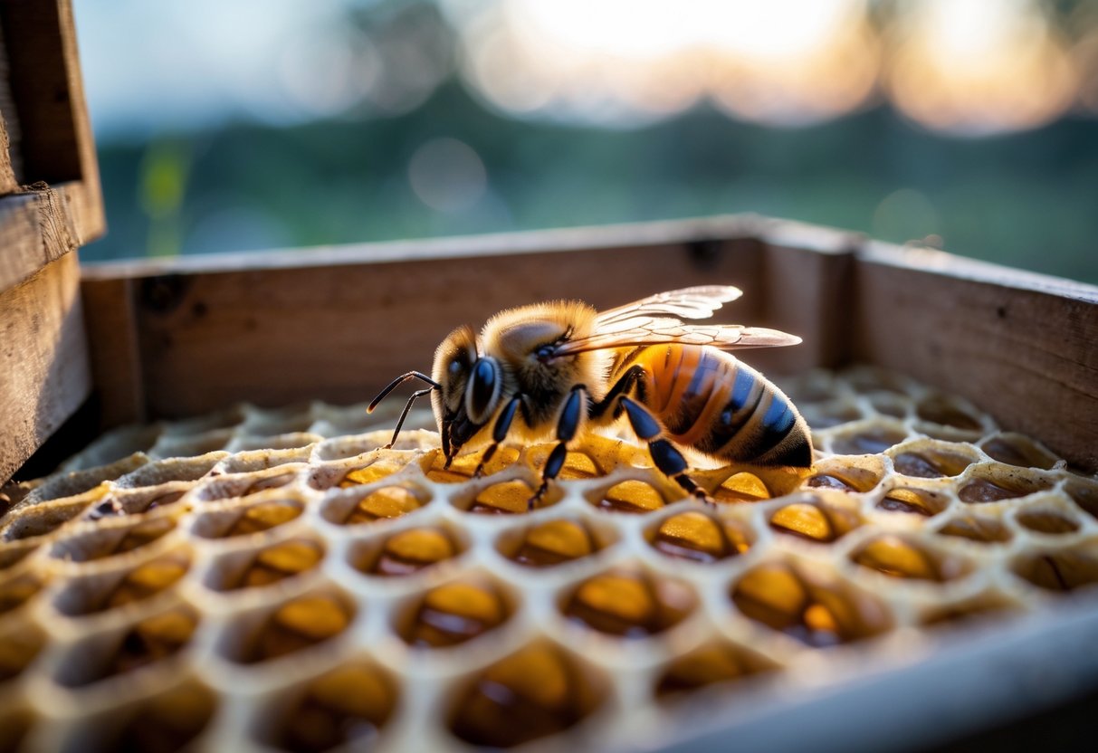 Close-up of a honeybee resting inside a honeycomb at dusk.