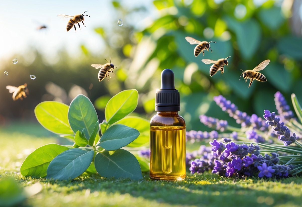 Close-up of a glass bottle of essential oil with lemon eucalyptus leaves and lavender flowers, with bees and wasps flying away in a sunny garden.