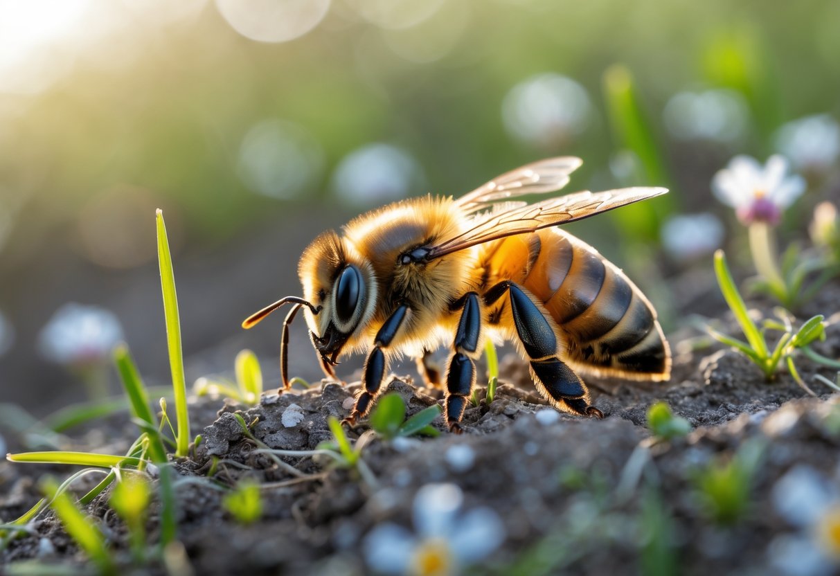 A honeybee resting on the ground surrounded by grass and small flowers.
