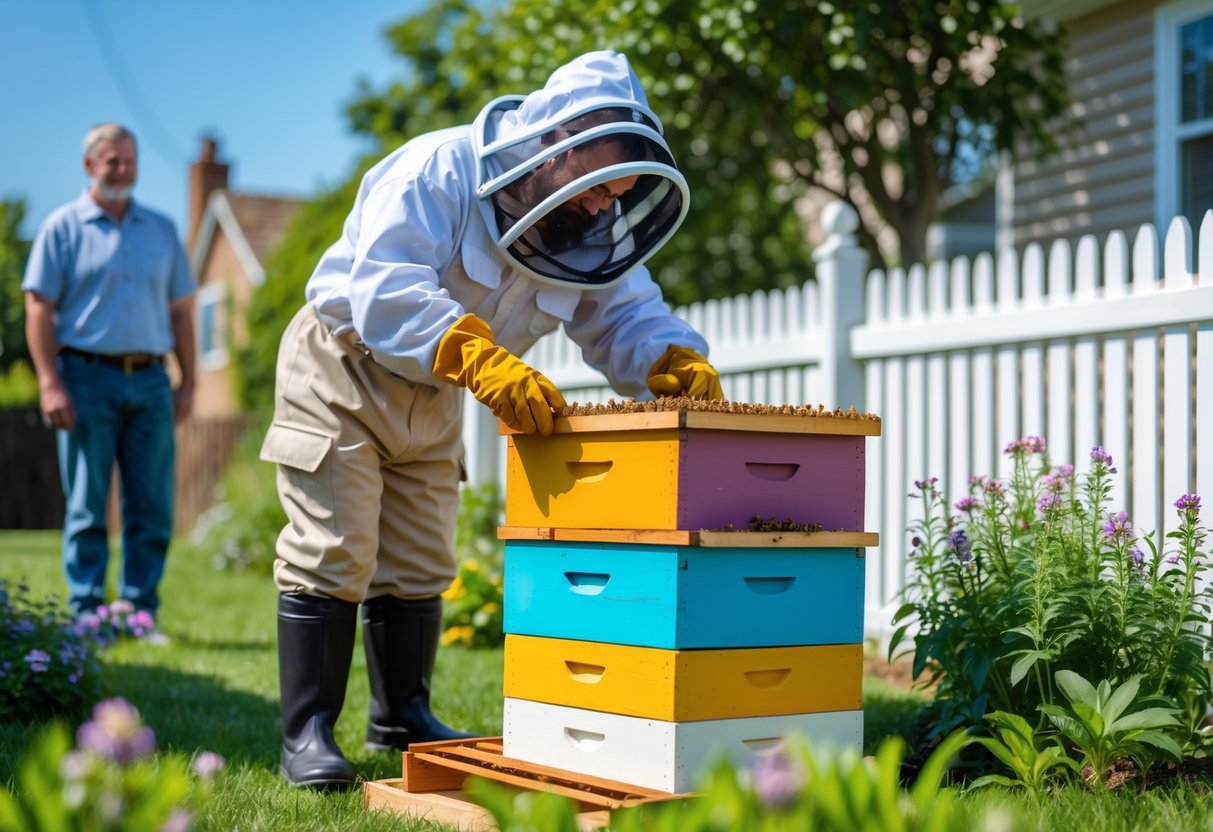 A beekeeper in protective gear tending a beehive in a backyard while a neighbor watches from behind a fence.