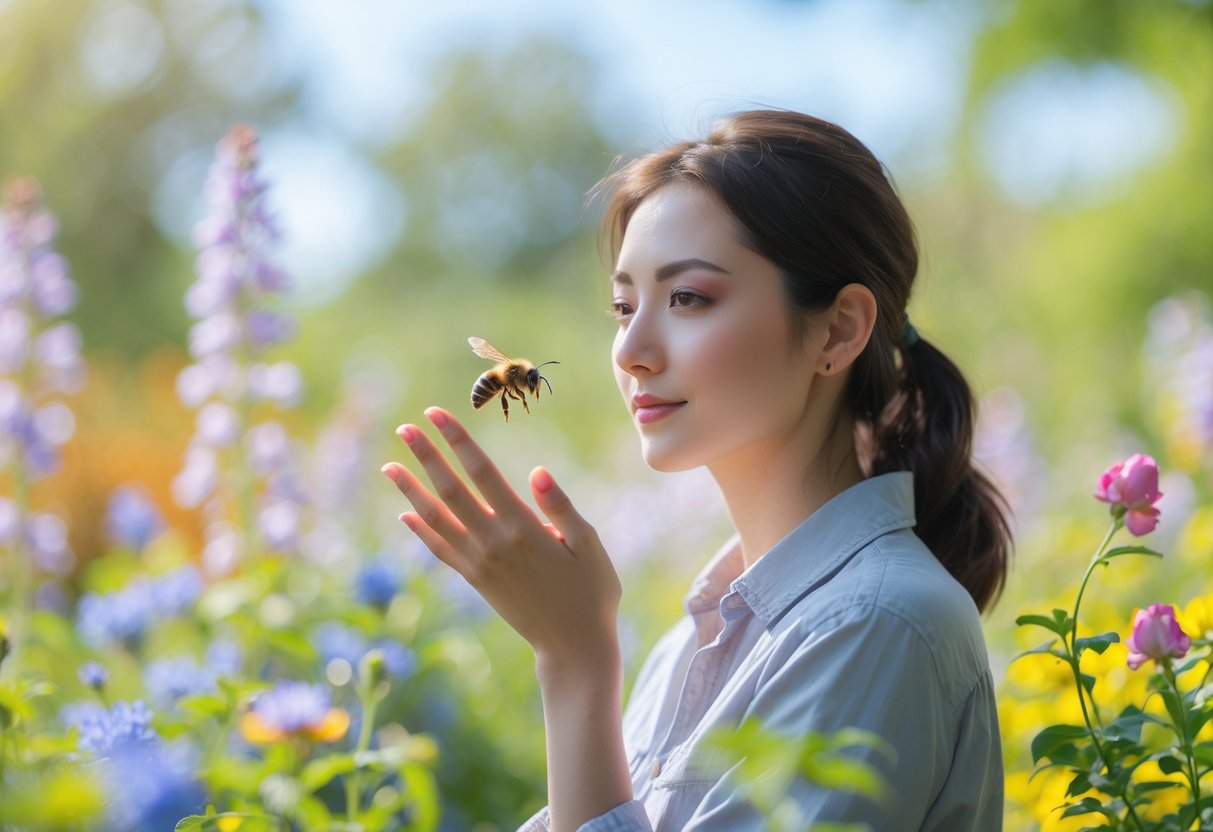 A woman standing calmly in a garden with a bee hovering near her hand.