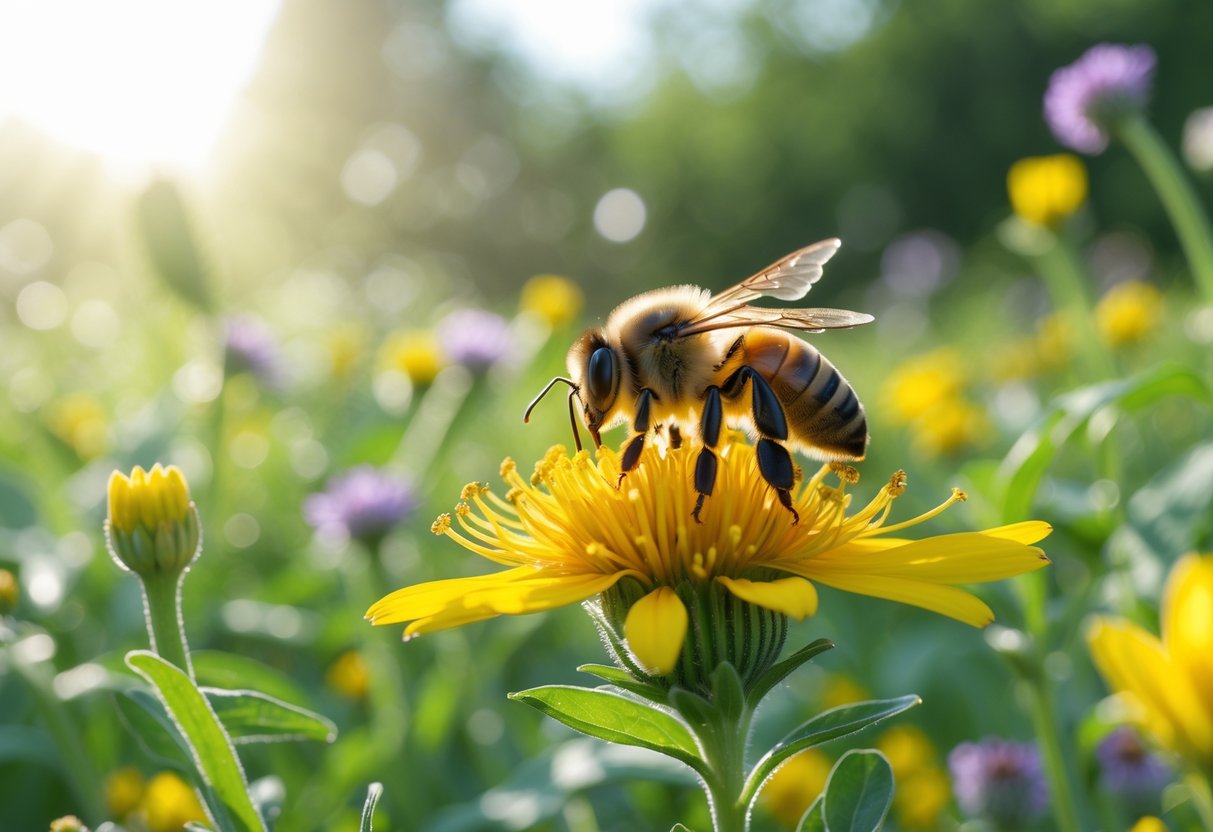 A close-up of a bee sitting on a yellow flower in a green meadow with sunlight shining through.