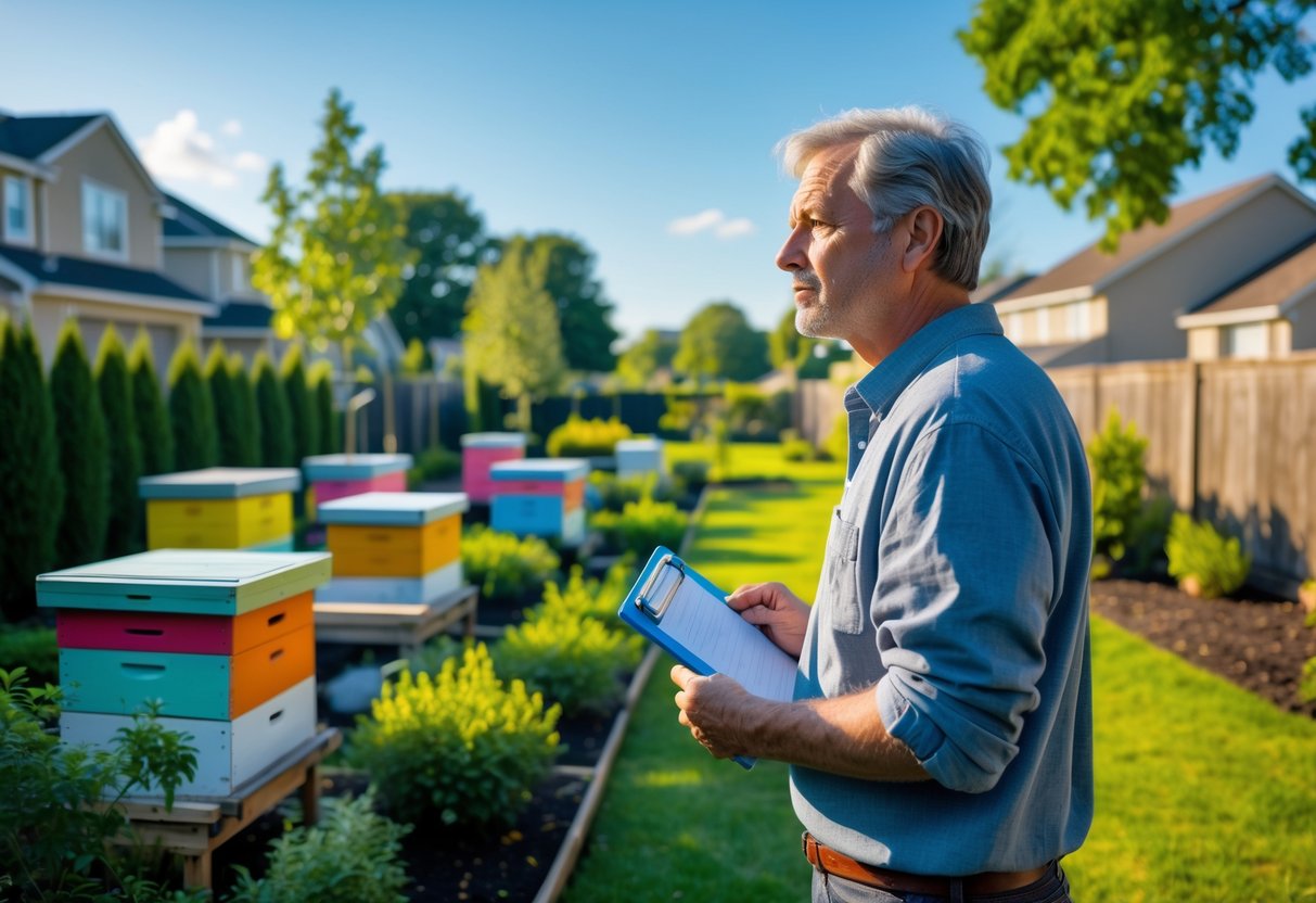 A person in a backyard looking thoughtfully at beehives in a neighbor's garden in a suburban neighborhood.