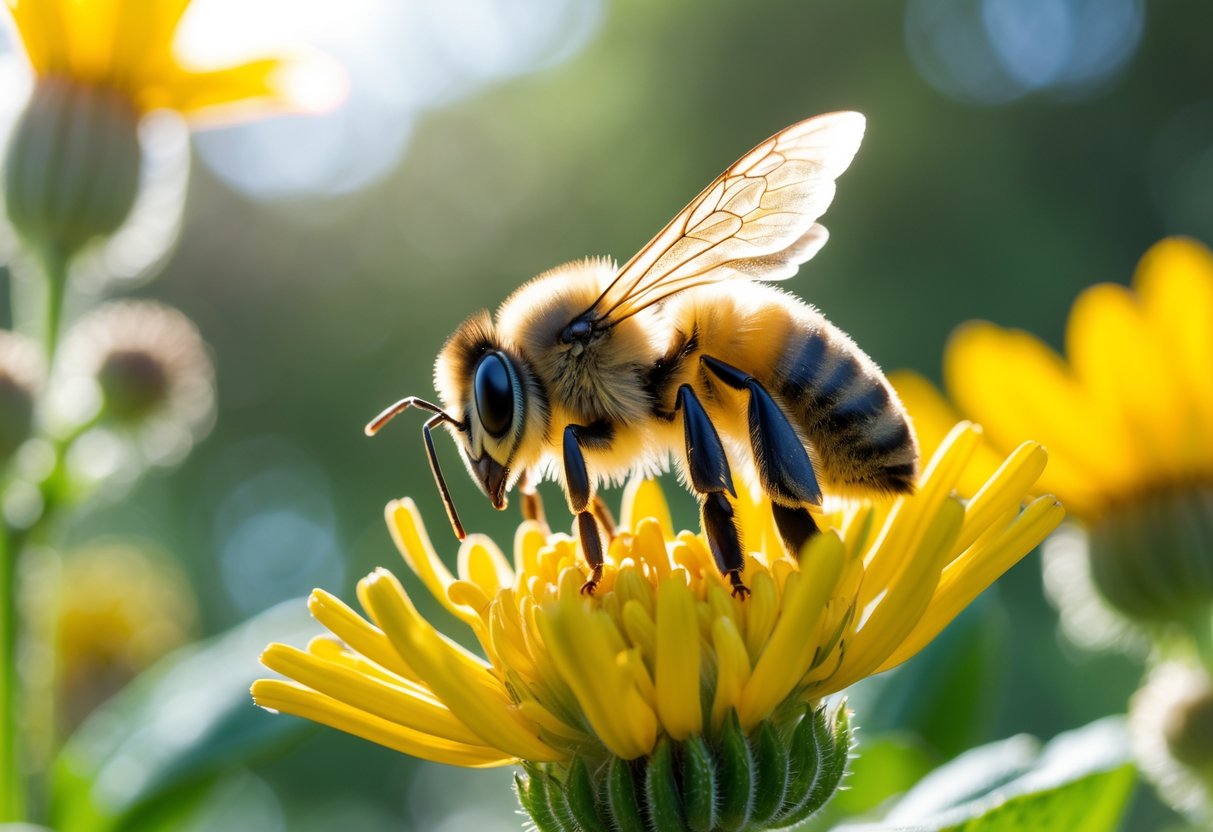 A close-up of a bee resting on a yellow flower in a garden.