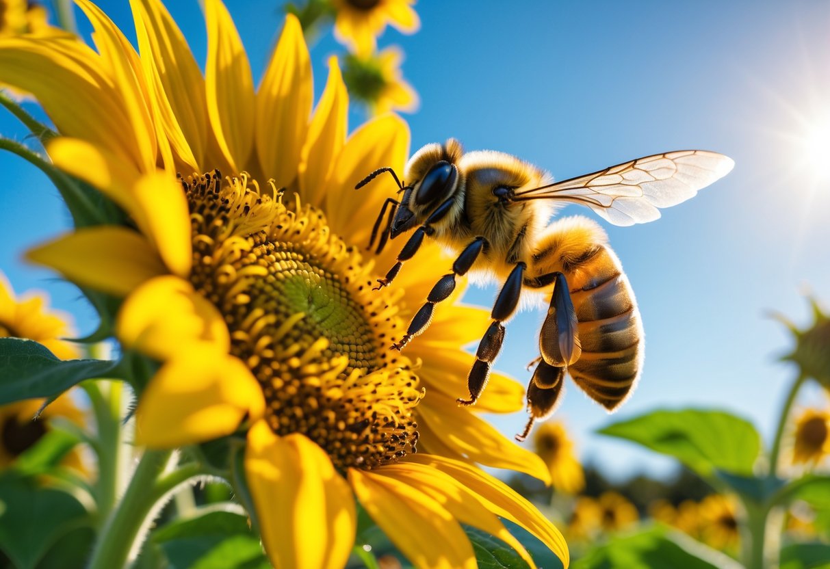 A honeybee flying near a bright yellow sunflower in a sunny summer garden.
