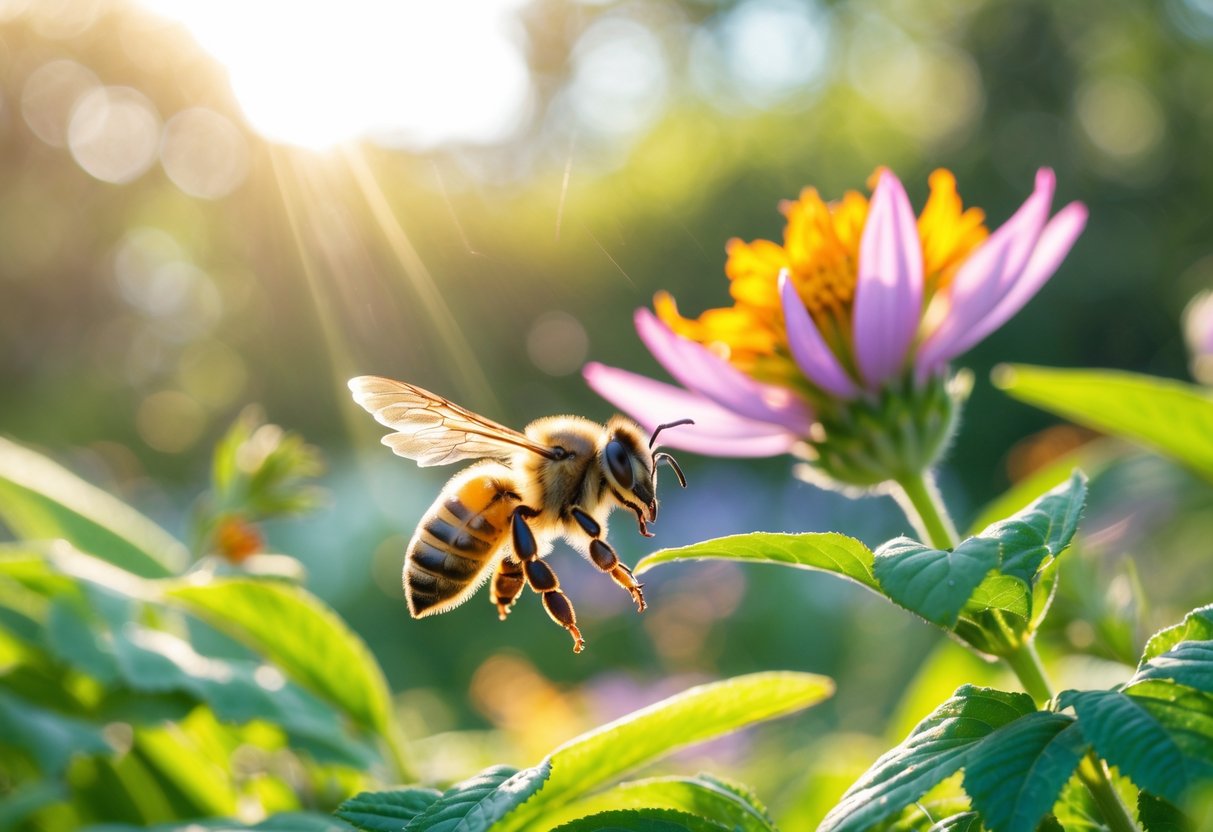 A close-up of a honeybee flying near a blooming flower in a garden with green leaves and colorful flowers.