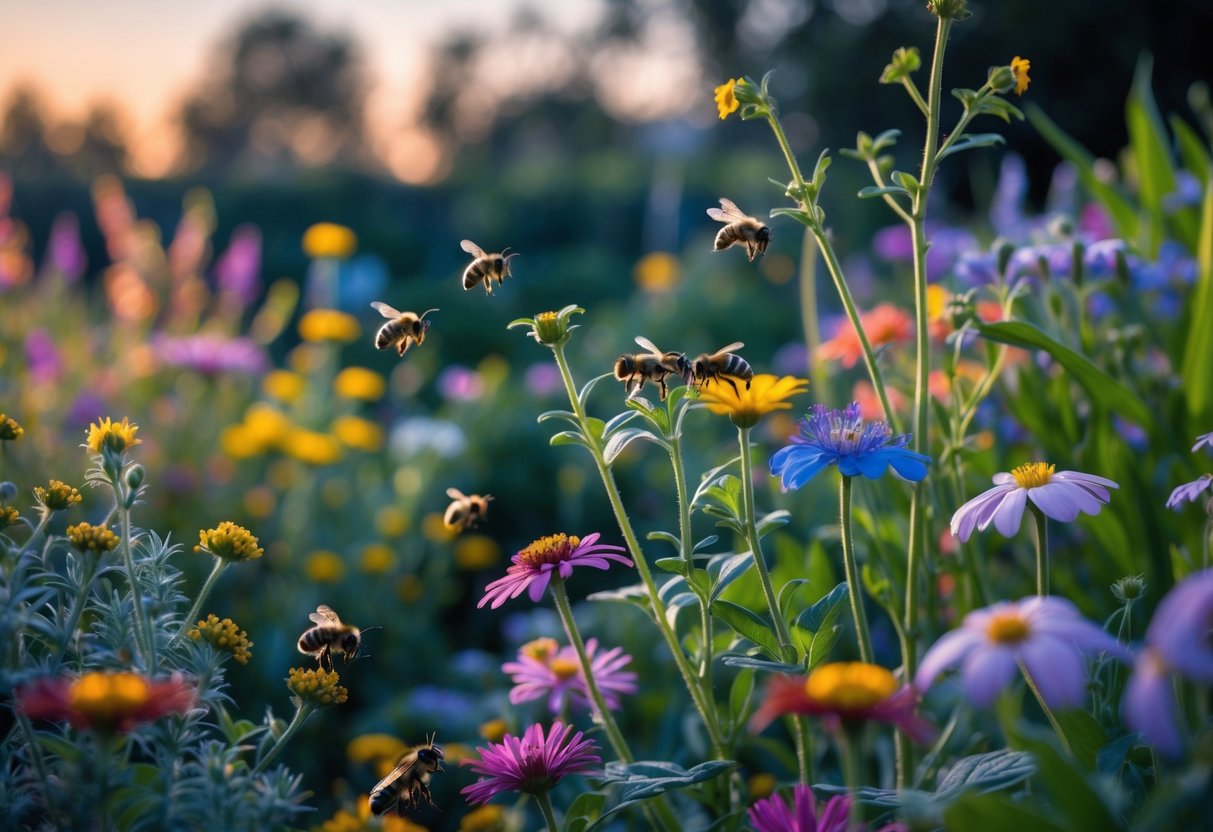 Garden bees resting in flowers and plant stems at dusk in a colorful garden.
