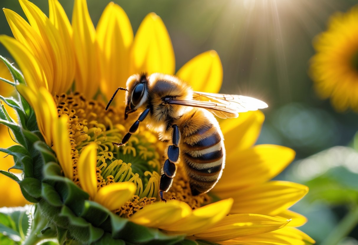 A close-up of a honeybee sitting on a yellow sunflower in a garden.