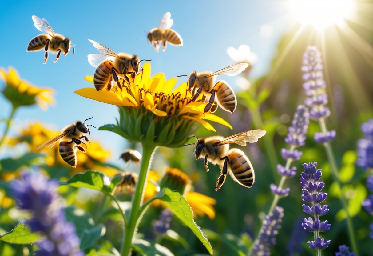 Close-up of bees actively collecting pollen from colorful flowers in a sunny garden during daytime.