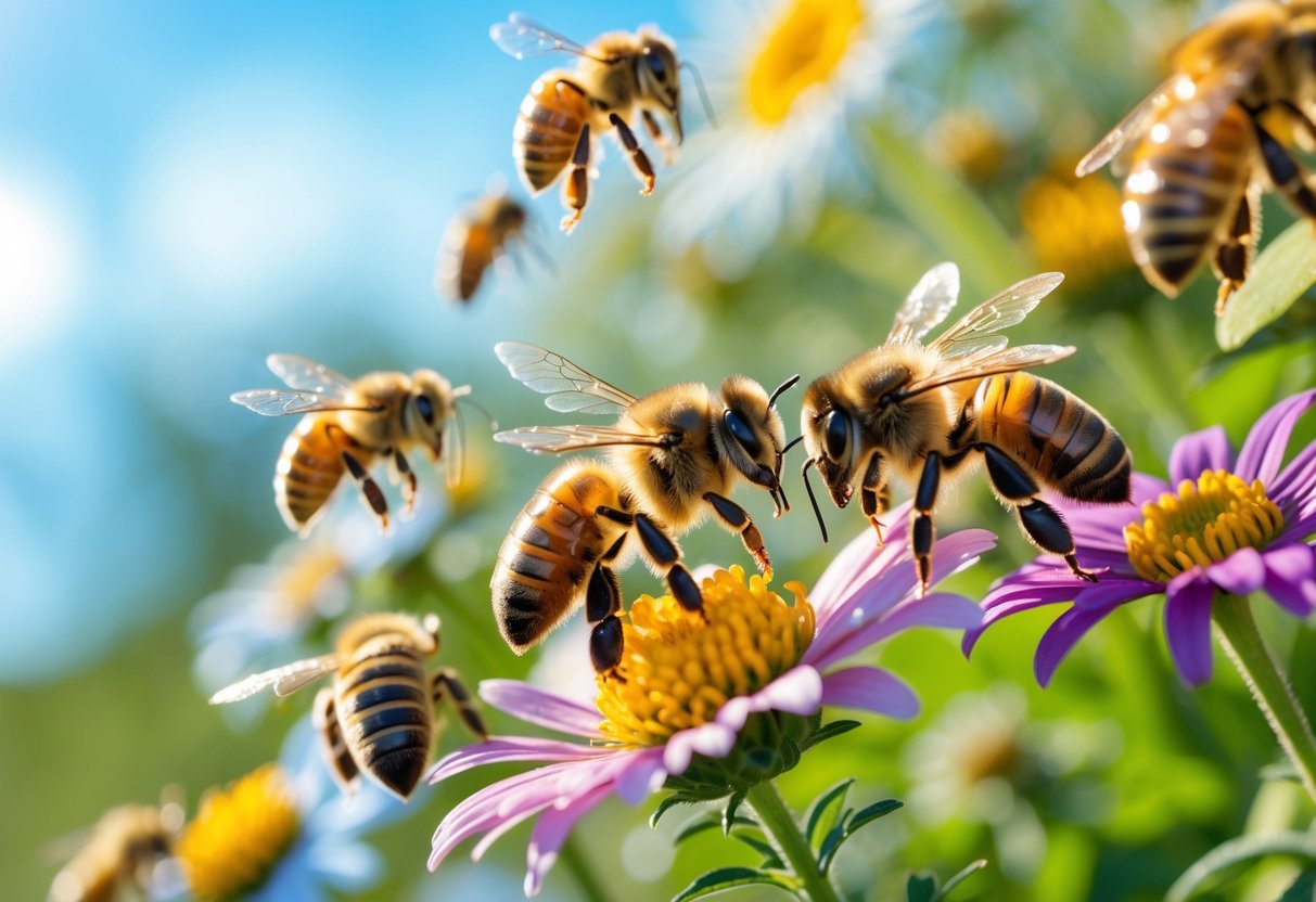 Close-up of several bees collecting nectar from colorful flowers in a sunny outdoor garden.