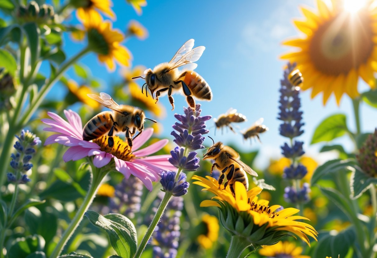 Bees actively collecting nectar from colorful flowers in a sunny garden during daytime.