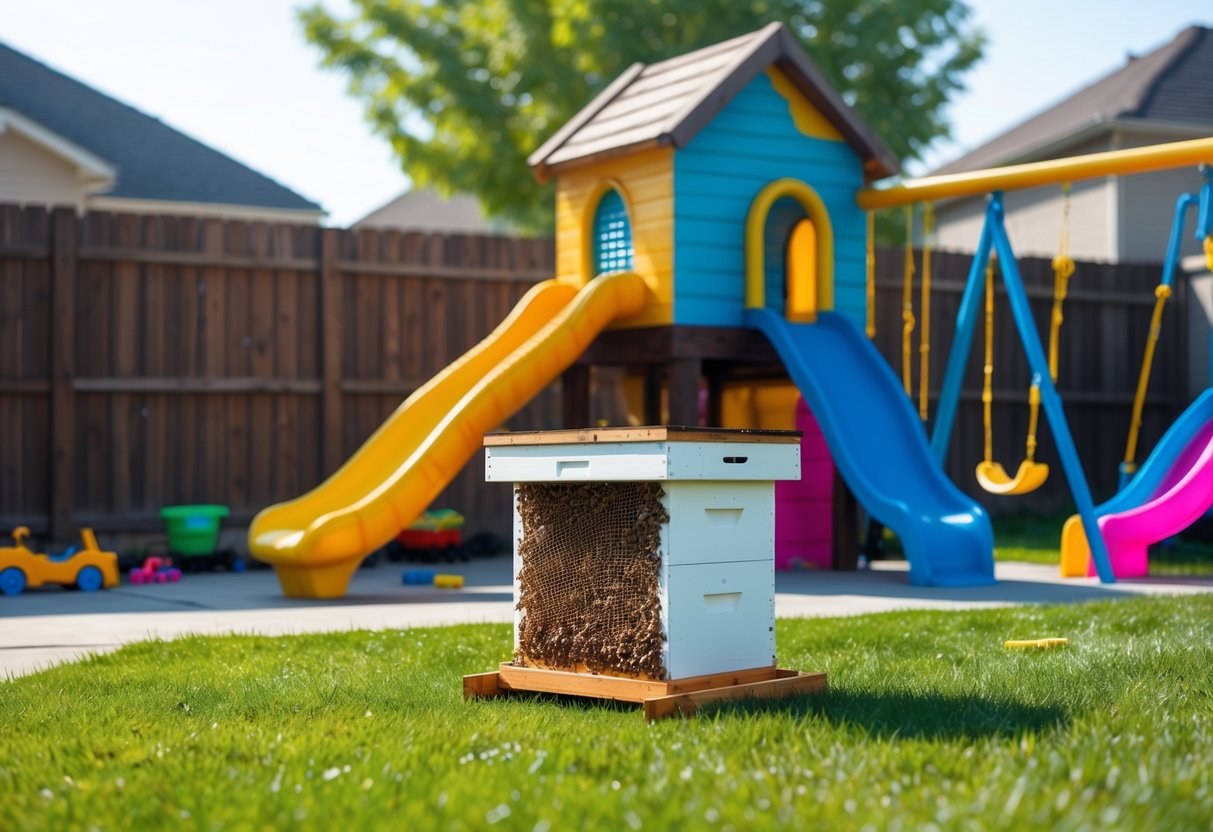 A backyard with a beehive placed dangerously close to a children's play area with slides and swings.
