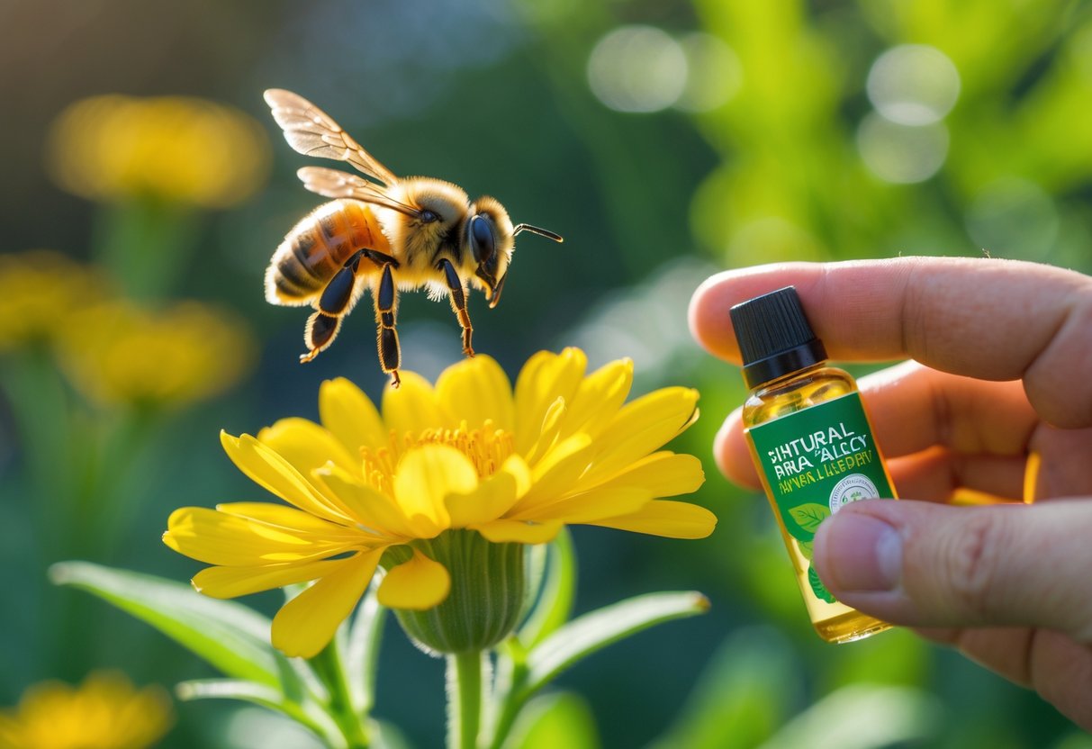 A honeybee flying near a yellow flower with a hand holding a small bottle of insect repellent in the background.