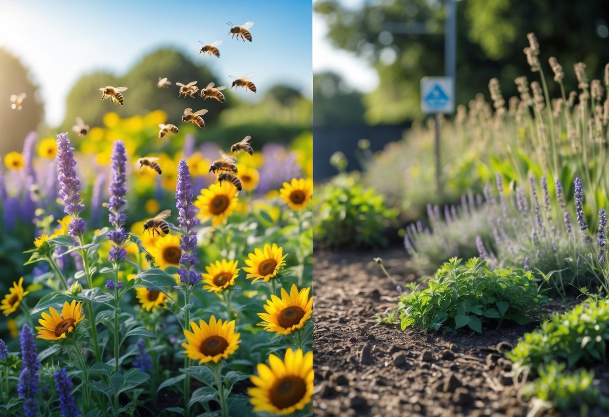 A garden with blooming flowers and bees on one side, contrasted with a barren area with wilted plants and no bees on the other.