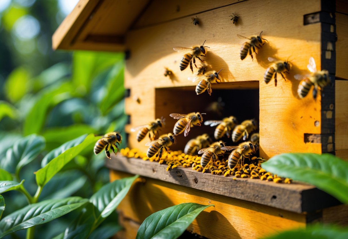 Several honeybees flying in and out of a wooden beehive surrounded by green plants.