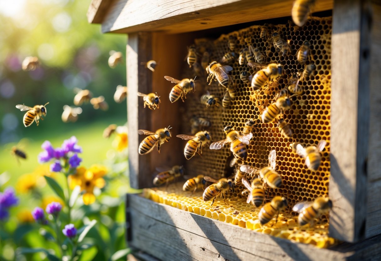 Close-up of a beehive with bees flying around and gathering nectar from flowers nearby.