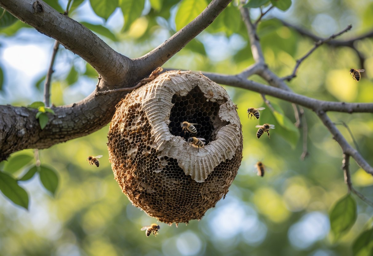 A bees' nest hanging from a tree branch with bees flying around it in a green forest.