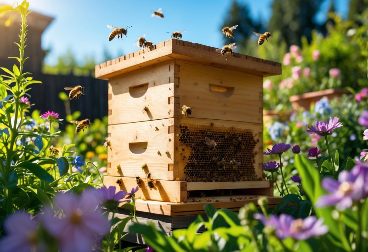 A wooden beehive surrounded by blooming flowers and green plants with honey bees flying around in a sunny garden.