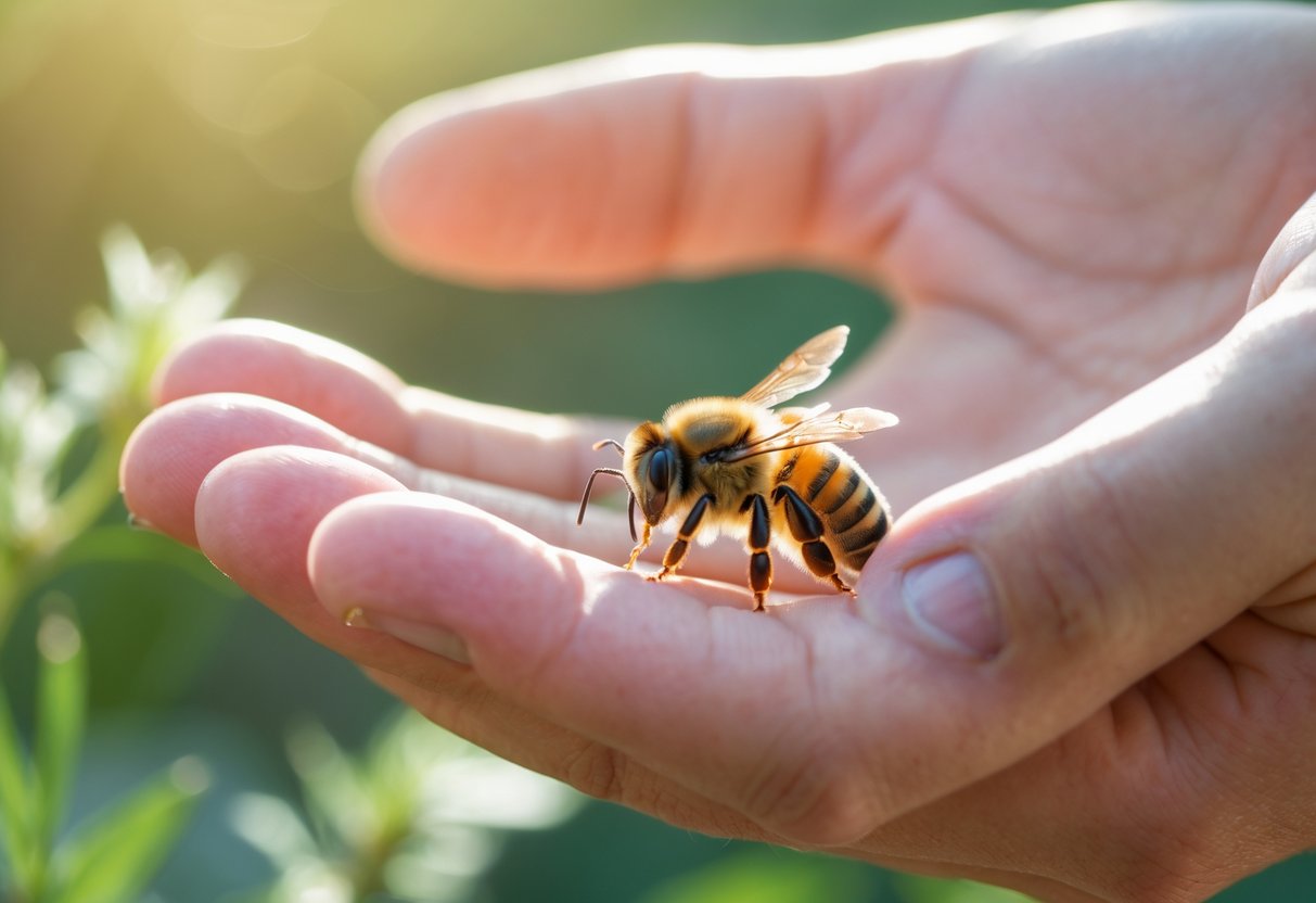 A close-up of a bee gently perched on a person's outstretched finger with a blurred green background.