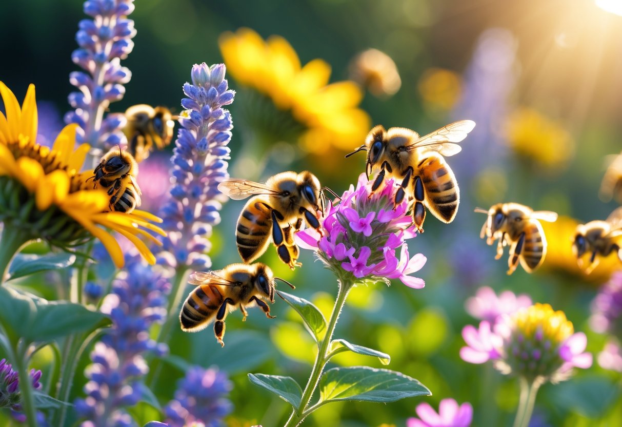 Close-up of honey bees collecting nectar from colorful flowers in a garden.