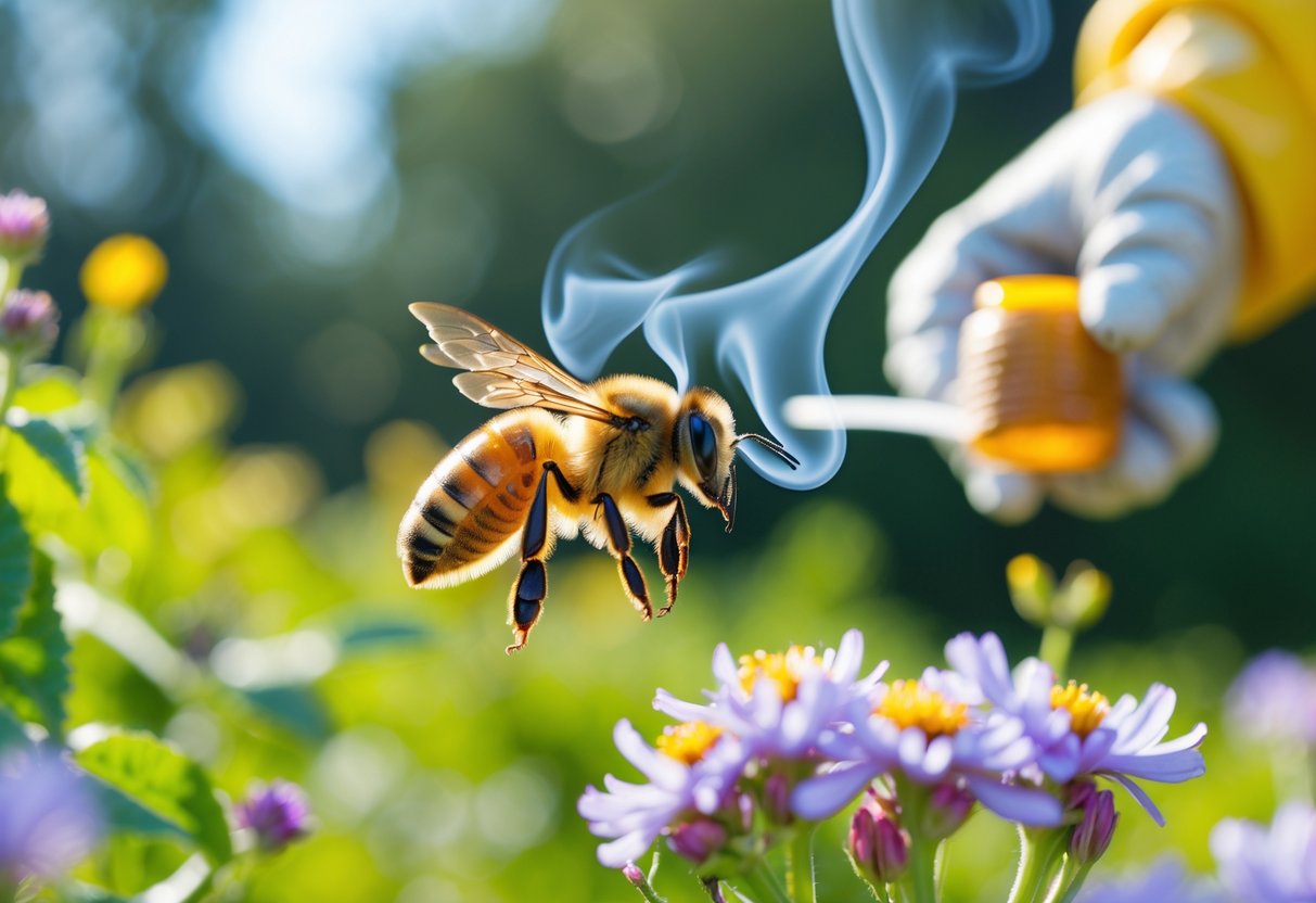 A honeybee flying near flowers with a beekeeper's gloved hand holding a small container emitting smoke in the background.